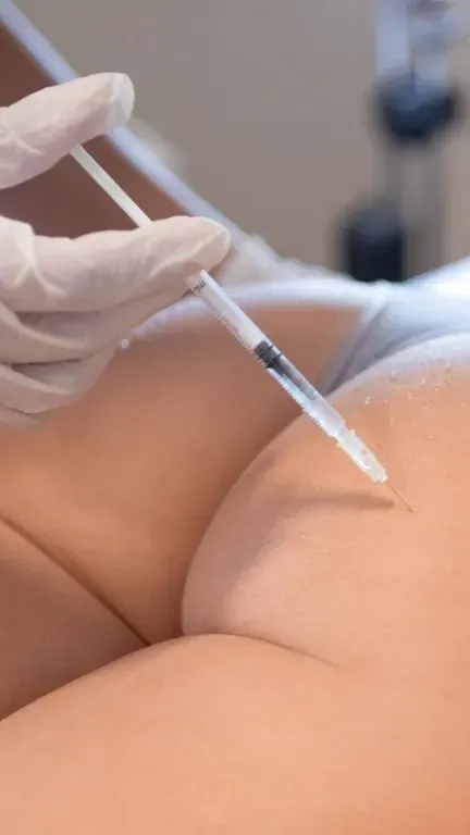 Aplicação injetável em região do corpo, técnica usada em harmonização corporal na Clínica Dra. Simoni Bett, Joinville