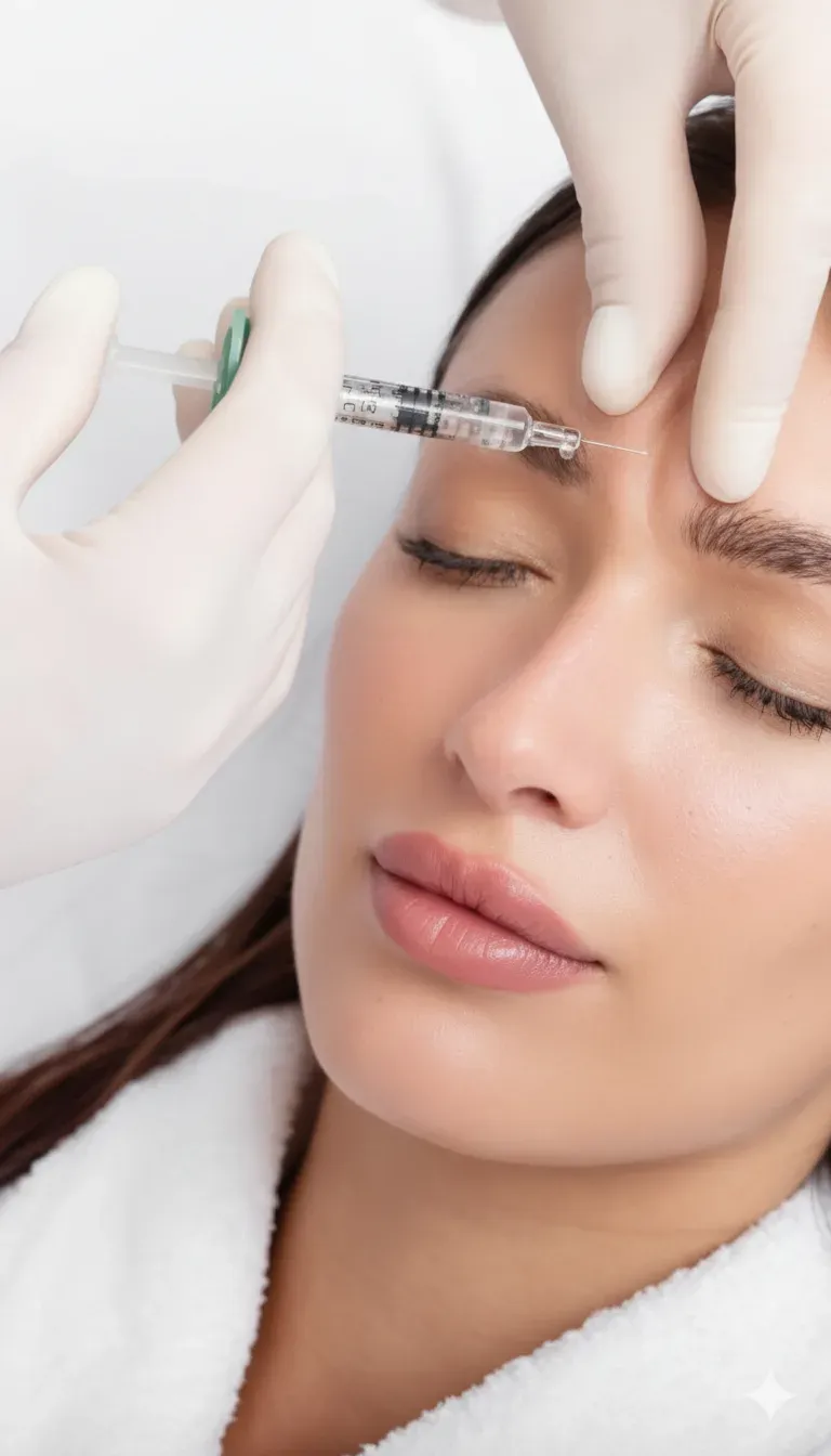 Aplicação de Botox em Joinville Aplicação de toxina botulínica na testa de paciente de roupão na Clínica Dra. Simoni Bett, Joinville